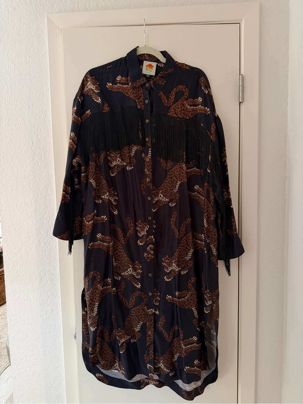Farm Rio Fringe Leopard Print Shirt Dress